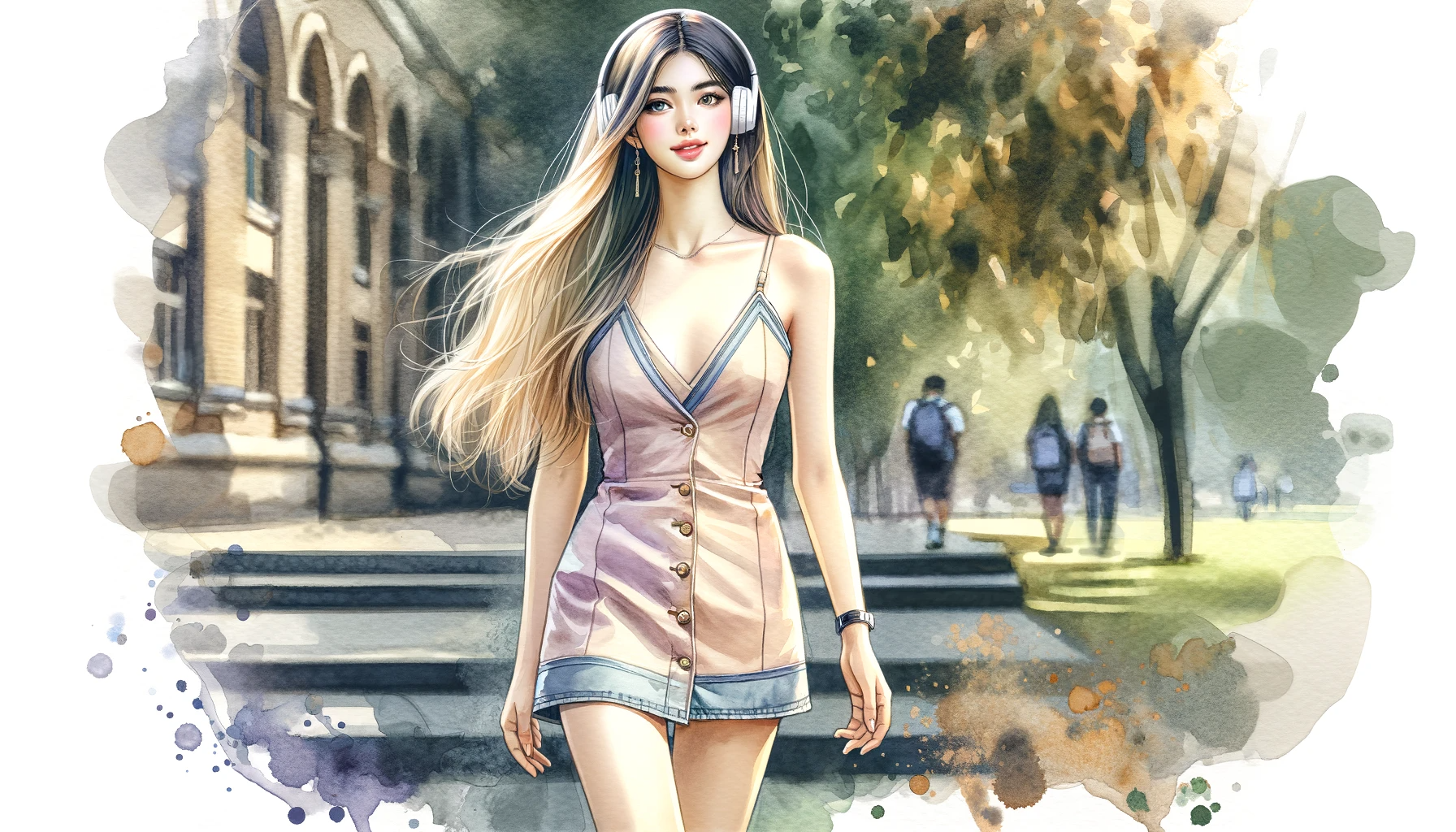 DALL·E 2023-12-14 22.33.41 - A full-body watercolor painting of a young fair-skinned Ukrainian model in her 20s, walking on sidesteps. She wears a short summer dress and a Deep V-.png